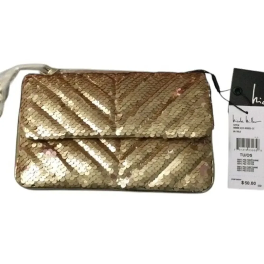 NWT Nicole Miller Gold Sequin Quilted Small Crossbody Bag Shoulder Purse Handbag